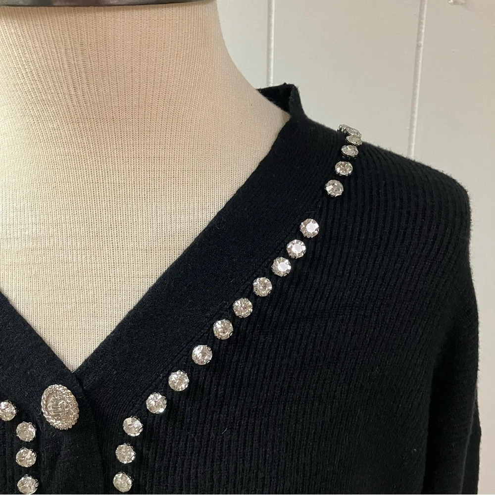 Vtg Y2k Holiday LIV MILANO Rhinestone Ribbed Faux Cardigan Sweater Small Black